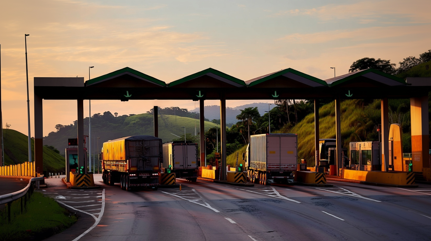 Caminhões e carros parados no pedágio em estrada, representando transporte de cargas em conformidade com as normas da ANTT.