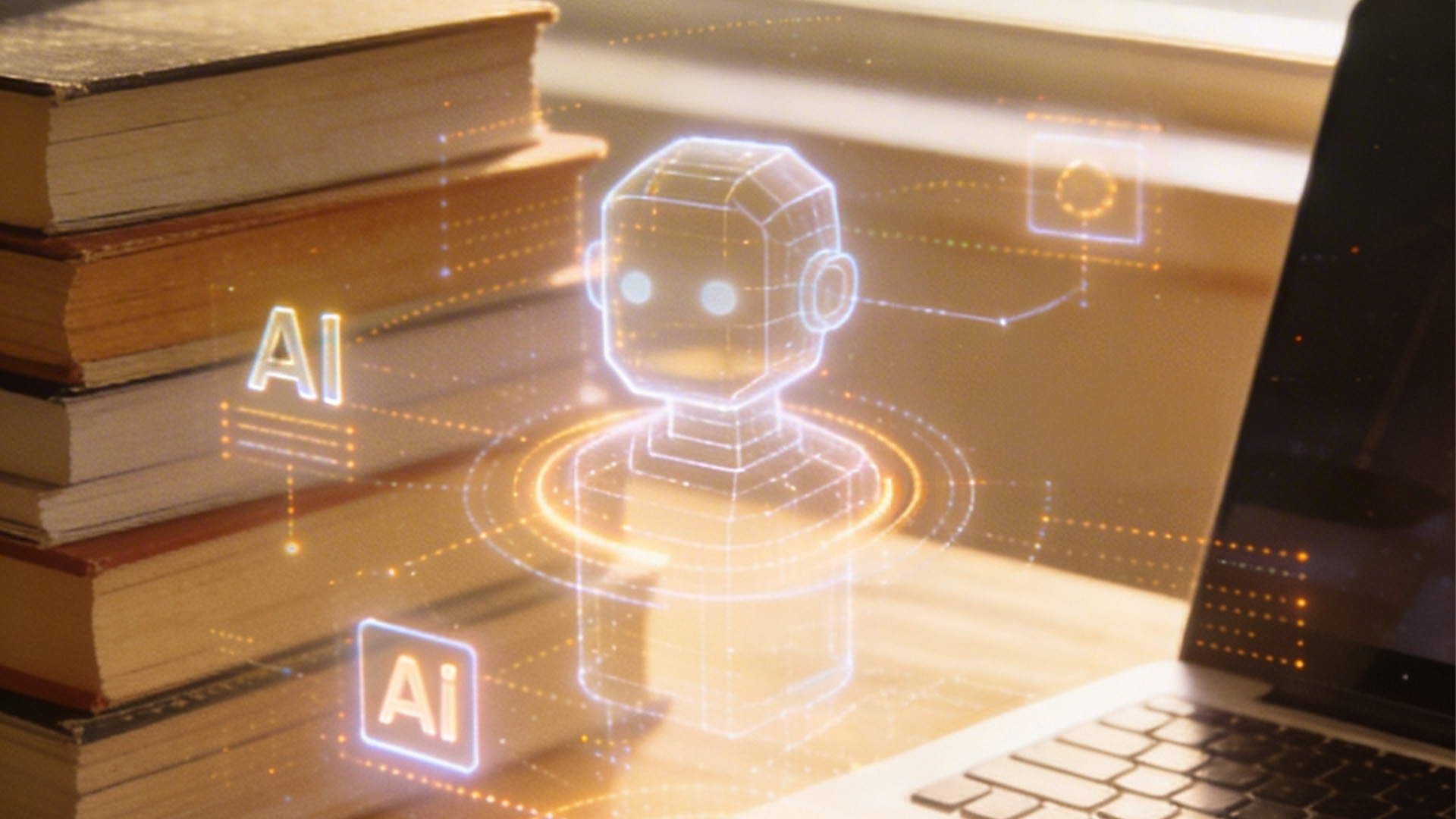 Robô holográfico ao lado de livros e notebook simboliza a Responsabilidade Civil na era da IA.